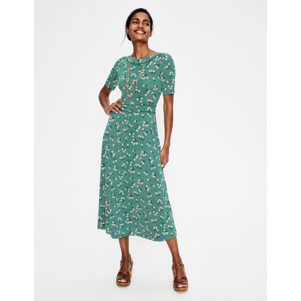 BODEN Midi Dress Ava Jersey Short Sleeve Floral Ditsy‎ Green 6 Long Tall